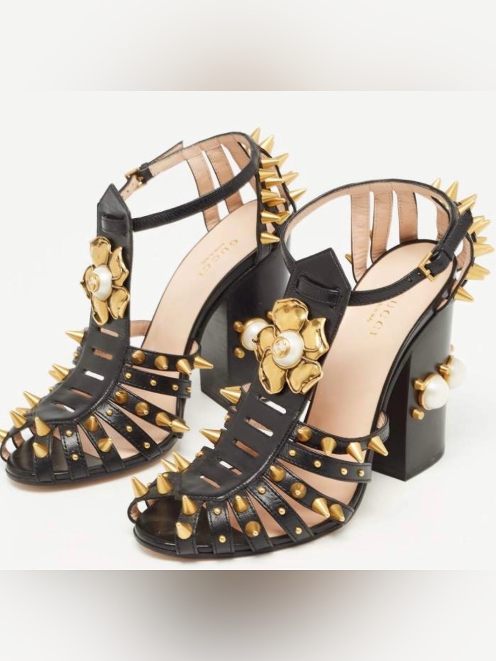 Gucci Pearly Kendell “ Kendall “ spike and pearl accent sandal heels RETAIL 1850
